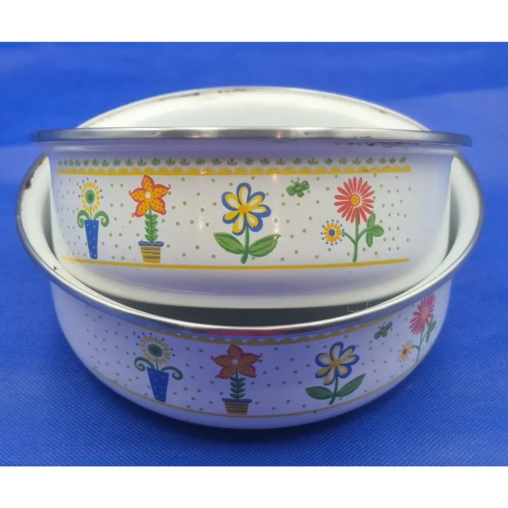 Vintage 1970s Floral Enamel Nesting Bowls Silver Rim Set of Two 6.5